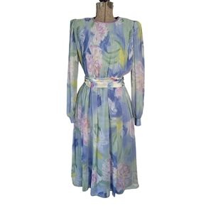 Vintage 80's green, blue and pink floral long sleeve midi dress size 6